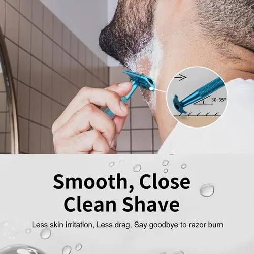 Miniatura 2 de Maquinilla de afeitar de seguridad azul, navajas de una sola hoja para hombres Reusable Metal Razor, with 10 Platinum Coated Double Edge Blades
