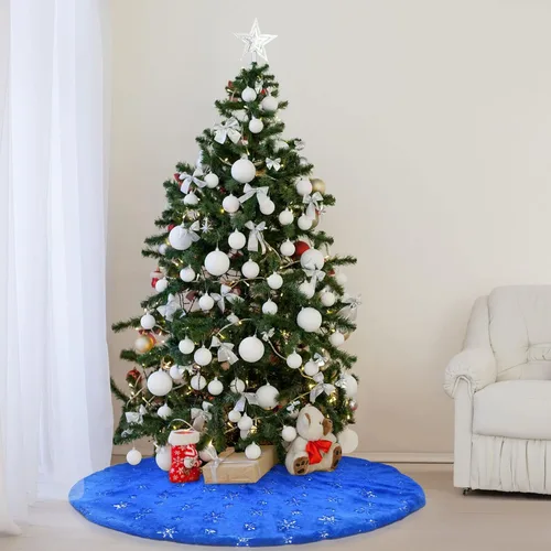 Miniatura 6 de Atiming Falda de árbol de Navidad azul de felpa de 30 pulgadas, falda de árbol de Navidad de piel azul oscuro con lentejuelas plateadas, copo