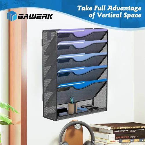 Miniatura 5 de Gawerk Organizador de archivos colgante de 6 niveles, soporte de malla para archivos de pared, estante para carpetas de papel con bandeja plana Negro