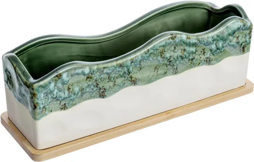 Miniatura 9 de MyGift Maceta rectangular para suculentas - Maceta decorativa de cerámica beige y verde glaseada con bandeja de bambú extraíble