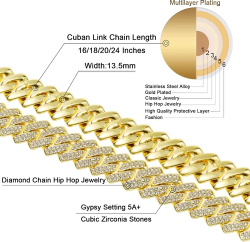 Miniatura 3 de Saintda Cadena de eslabones cubanos para hombres y mujeres, collar cubano de Miami, cadena de diamantes brillantes, joyería de hip hop con caja