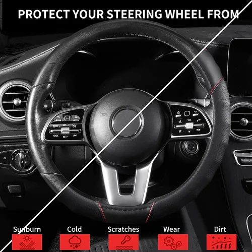 Miniatura 2 de Funda para volante, universal de 15 pulgadas, protector de volante de cuero sintético antideslizante, transpirable y compatible con calefacción