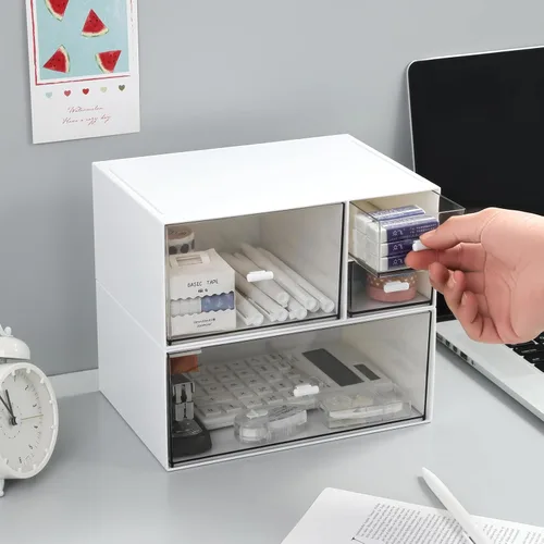 Miniatura 8 de MILULUGO Organizador de escritorio con 4 cajones, organizador de maquillaje, caja de almacenamiento de escritorio, caja de almacenamiento