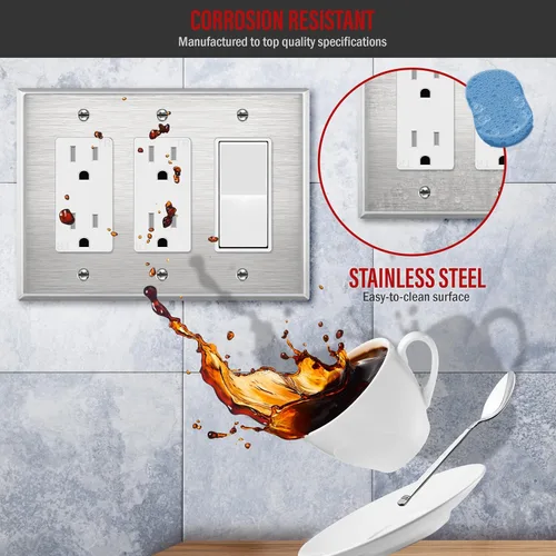Miniatura 3 de ENERLITES Placa de pared de metal con interruptor decorativo triple, cubierta de tomacorriente de acero inoxidable, resistente a la corrosión, acero
