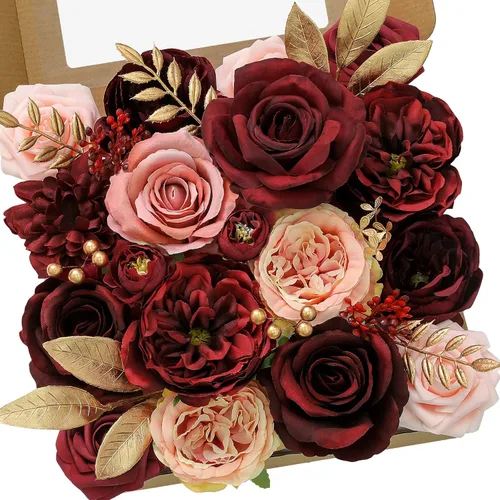 Serwalin Flores artificiales color rosa burdeos, flores falsas para ramos de novia, decoración de boda, flores de pastel para el hogar, fiesta, Rosa