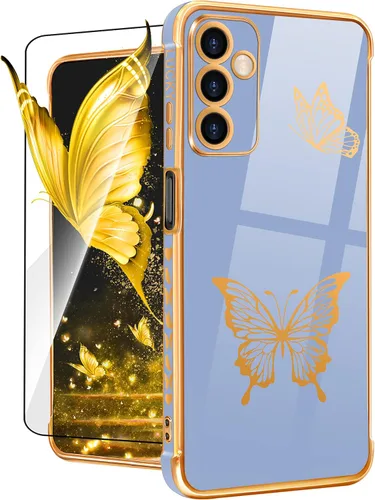 Funda de teléfono para Samsung Galaxy A14 5G con diseño de mariposas para mujeres y niñas, diseño de mariposas chapadas en oro y azul oscuro con
