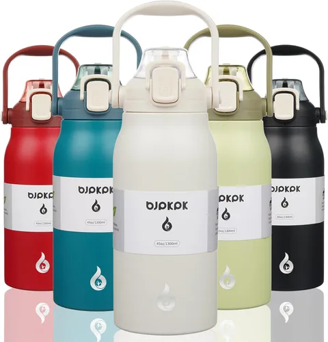 Miniatura 15 de BJPKPK - Botellas de agua aisladas con pajita, botellas de agua bonitas de 27 oz con asa, jarra de metal de acero inoxidable sin BPA, frascos 27 oz