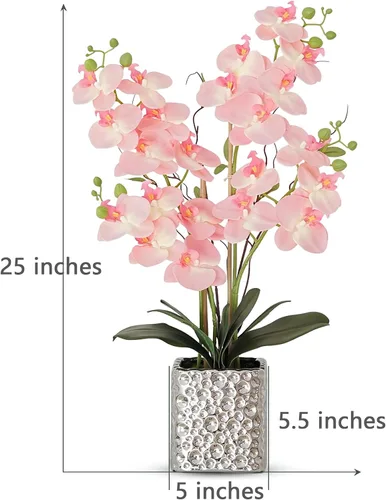 Miniatura 3 de Flores artificiales de orquídea con jarrón plateado, flores de falaenopsis de seda sintética grande para mesa de comedor, centros de mesa florales