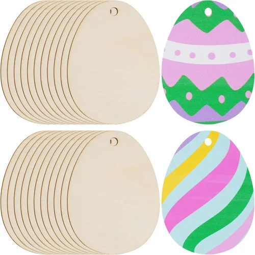 Miniatura 11 de Yookat 50 piezas de adornos de huevo de Pascua con recortes de madera de huevo, manualidades, rebanadas de madera sin terminar para pintar