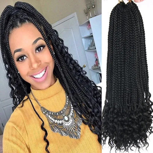 Miniatura 9 de Trenzas de ganchillo para mujer, 144 raíces/paquete, trenza negra con extremos rizados, trenzas de caja de 14 pulgadas, 24 mechones por pieza