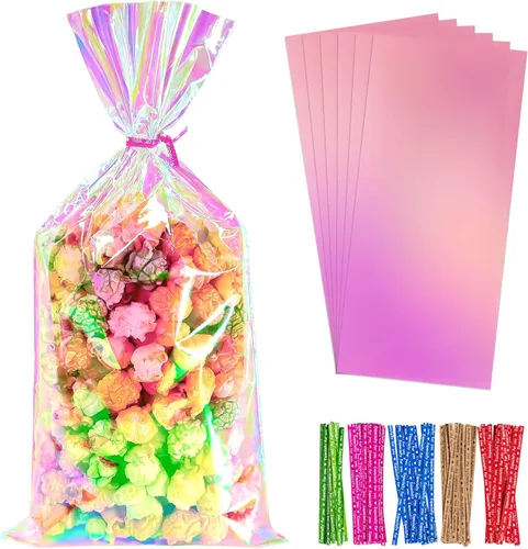 Miniatura 9 de Bolsas de celofán iridiscentes de 5 x 7 pulgadas con lazos giratorios, bolsas de golosinas para galletas, chocolates y palomitas de maíz