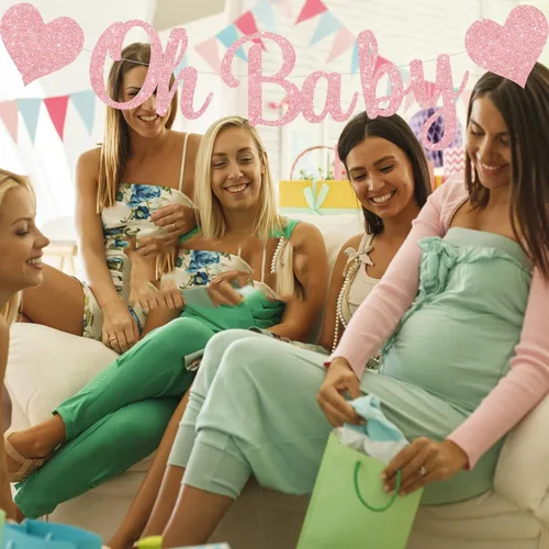 Miniatura 6 de Oh Baby - Cartel de revelación de género rosa con espirales Decoraciones de baby shower para fiesta de niña
