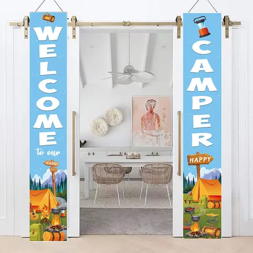 Miniatura 2 de Cartel de bienvenida con texto en inglés «Happy Welcome Camper», 70.8 x 11.8 pulgadas, tela de poliéster, azul, letrero de bienvenida