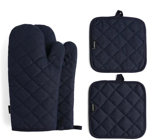 Miniatura 9 de Juego de 4 guantes para horno y soportes para ollas, resistentes al calor, 500 grados, extra gruesos, largos, de algodón, para cocina
