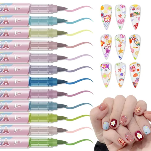 Miniatura 23 de IONSGAKO Juego de bolígrafos de arte de uñas de 12 colores, bolígrafos de esmalte de uñas, bolígrafo de dibujo de arte de uñas, secado rápido