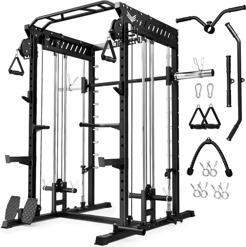 Miniatura 25 de JELENS M21 - Máquina Smith, jaula de potencia multifunción con sistema de cruce de cable de polea doble, banco de sentadillas todo en uno de 907 kg