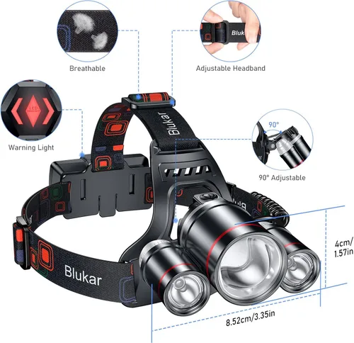 Miniatura 13 de Blukar Linterna Frontal LED, Linterna de Cabeza Recargable Súper Brillante - 3 Luces 5 Modos, Zoom, Combinación de Luz Concentrada y Luz Difusa