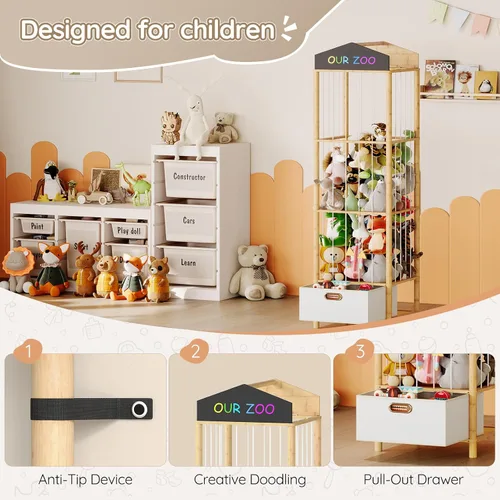 Miniatura 7 de HOOBRO Almacenamiento de animales de peluche, organizador de animales de peluche de bambú con cajón de tela y pizarra de bricolaje, organizador
