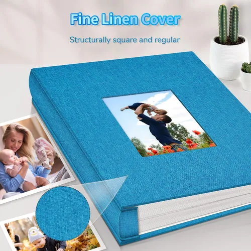 Miniatura 6 de Álbum de fotos Artfeel 4x6 con 600 bolsillos, álbumes de fotos deslizables, libro de recuerdos con cubierta de lino y ventana frontal, libro de Azul