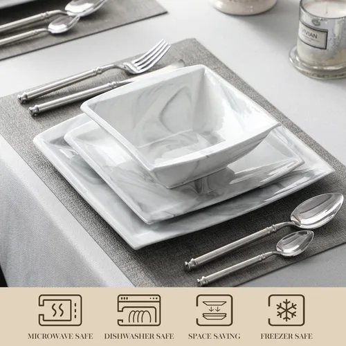 Miniatura 4 de MALACASA Juego de platos y cuencos, juego de vajilla de porcelana de 12 piezas para 4, platos cuadrados y cuencos para postre, ensalada y sopa