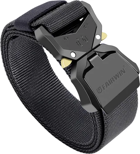 FAIRWIN Cinturón Táctico, Estilo Militar Webbing Riggers Web Gun Belt con Hebilla de Metal de Liberación Rápida de Servicio Pesado Negro (Coal Black)