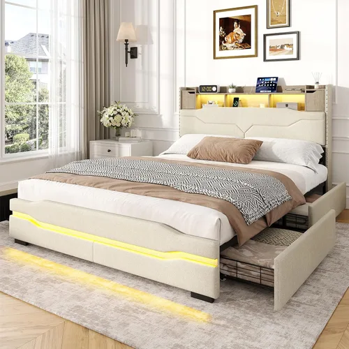 Miniatura 8 de Maupvit Base de cama matrimonial con cabecera de almacenamiento, 4 cajones debajo de la cama y luces LED, plataforma tapizada con estación de carga