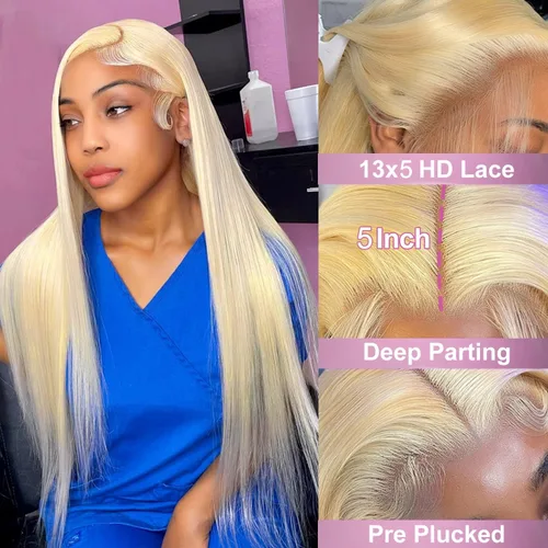 Miniatura 2 de Myecool Peluca de cabello humano con encaje frontal 613 de 26 pulgadas, 13 x 5, lacio, 613 HD, encaje frontal, cabello humano prearrancado, nudos