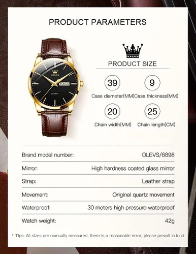 Miniatura 5 de OLEVS Reloj para hombres cronógrafo marrón cuero oro caso analógico cuarzo moda negocios vestido grande hombres reloj día fecha luminoso impermeable
