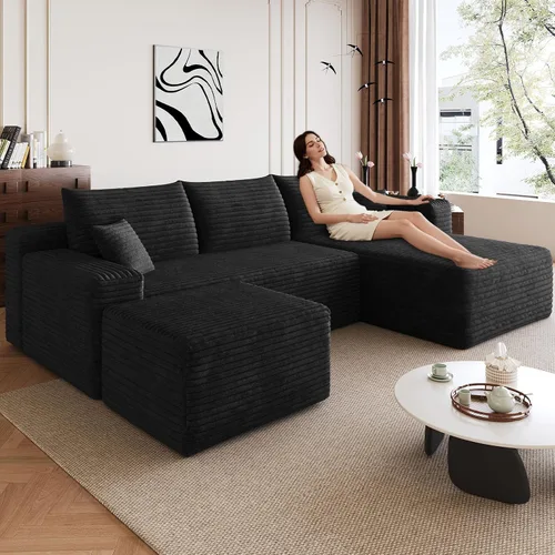 Miniatura 38 de Sofá modular de 95 pulgadas con otomana, moderno sofá nube de pana con asiento profundo, sofá sin hueso tapizado de 3 plazas en forma de U para sala