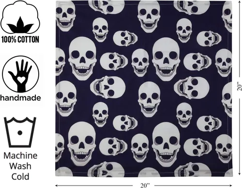 Miniatura 3 de Servilletas de tela 100% algodón con estampado de calavera, azul y blanco, 20 x 20 pulgadas, servilletas decorativas de cocina y mesa de Halloween