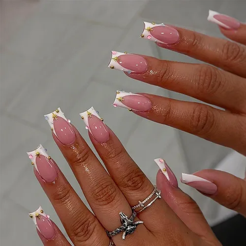 Miniatura 15 de IMSOHOT Uñas postizas, acrílicas de color naranja mate, puntas francesas cuadradas, 24 unidades, uñas extra largas con pegamento con bonitos diseños