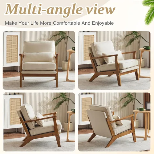 Miniatura 7 de VINGLI Silla decorativa de madera maciza con reposabrazos anchos, silla moderna tapizada de mediados de siglo con almohada, cómoda silla de lectura