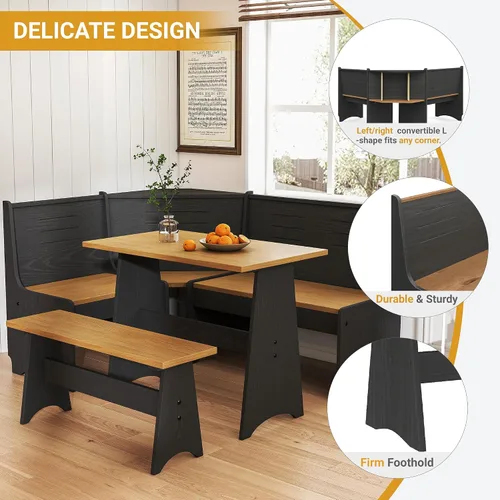 Miniatura 4 de Juego de mesa para desayunador de 3-4 plazas en forma de L con almacenamiento oculto - Juego de mesa y banco de esquina para cocina, ahorra espacio