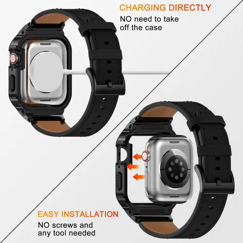 Miniatura 4 de SUPLINK Correa de cuero con funda de acero inoxidable para Apple Watch Ultra 3/2/1 y SE 3/2/1 y Series 11 10 9 8 7 6 5 4 3 2 1 1.929 in 1.811 in