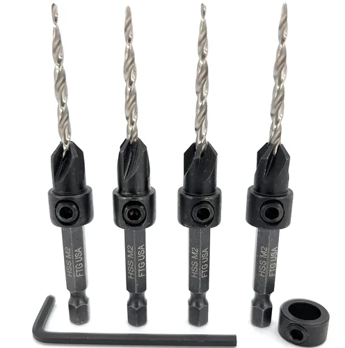 Miniatura 19 de FTG USA Juego de brocas avellanadoras de madera ajustable, 5 piezas, broca avellanadora #4 #6 #8 #10 #12 con broca cónica para carpintería