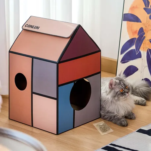 Miniatura 7 de Conlun Casa de cartón para gatos con almohadilla para rascar y hierba gatera, casa rascador para juegos de gatos para muebles de interior, rascador