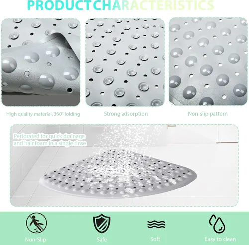 Miniatura 3 de MUNEK Tapete de ducha esquinero antideslizante, 21 x 21 pulgadas, curvado para ducha o bañera, tapete de seguridad con orificio de drenaje, tapete