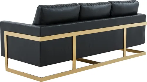 Miniatura 7 de LeisureMod Lincoln - Sofá de cuero moderno de mediados de siglo de 83 pulgadas, sofá tapizado de 3 asientos con marco de metal dorado, muebles