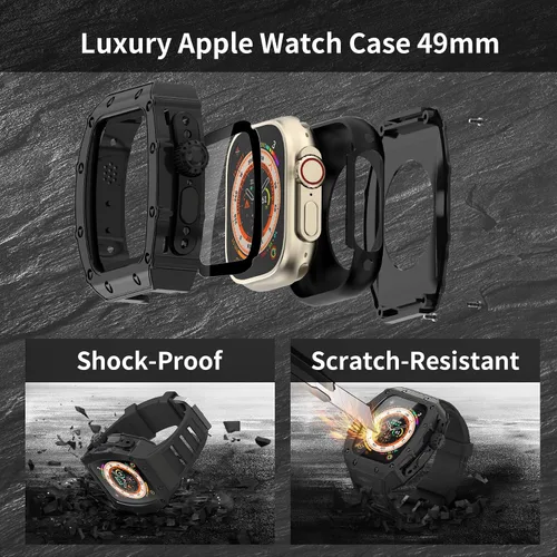 Miniatura 2 de Estuche de Lujo para Apple Watch Ultra 3/2/1 49mm Banda FKM, Cubierta de Metal con Parachoques Resistente + Vidrio Incorporado + Correa