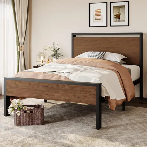 Miniatura 15 de SHA CERLIN Armazón de cama de plataforma metálica de tamaño completo de 14 pulgadas con cabecero y pie de cama de madera, base de colchón, no Roble