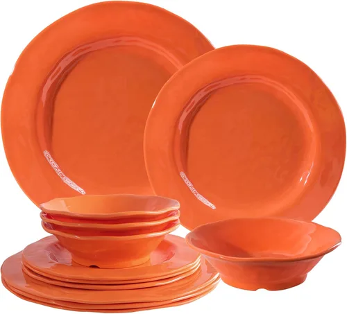 LEHAHA Juego de vajilla de melamina naranja, juego de 12 piezas de vajilla de cocina, platos y cuencos, juego de vajilla ligera e irrompible para 4,
