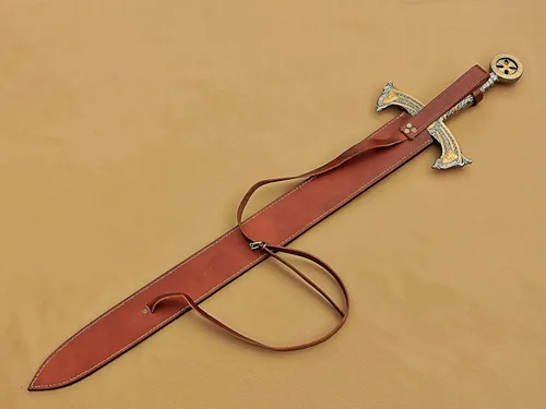 Miniatura 6 de Espada Templaria medieval hecha a mano, espada larga de Damasco sagrada con funda de cuero