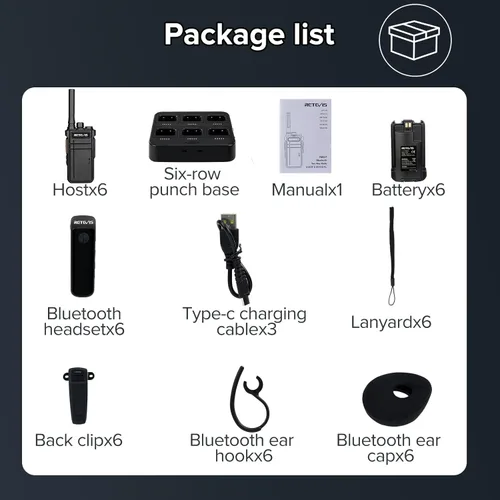 Miniatura 9 de Retevis RB37 Walkie Talkies Bluetooth con cargador de 6 vías, radio inalámbrica de dos vías con auricular, linterna, 2000 mAh para 21 horas, tipo C