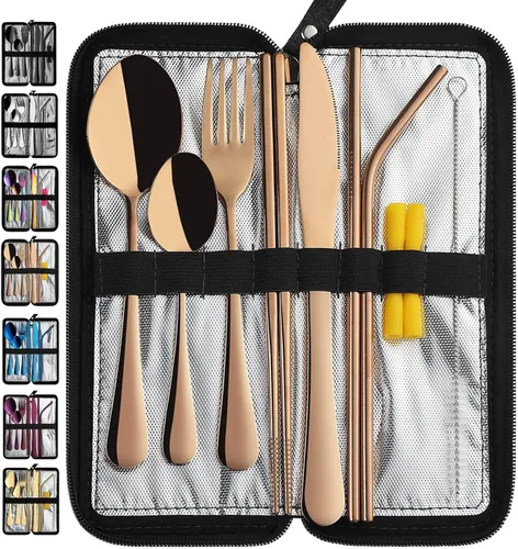 Miniatura 10 de VANDBAO Utensilios de viaje portátiles, cubiertos reutilizables con estuche para fijar vajilla, juego de cubiertos estables de acero inoxidable de 9
