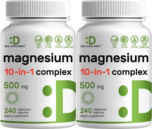 Complejo de magnesio de 500 mg, 480 cápsulas vegetarianas, paquete de 2, glicinato, citrato, malato, óxido y más 100% quelado para una fácil