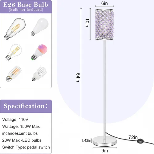 Miniatura 3 de Lámpara de pie para dormitorio, lámpara de pie de cristal lavanda con pantalla glamurosa, lámpara de pie elegante con interruptor de pie