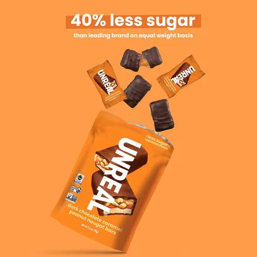 Miniatura 3 de UNREAL Barras de turrón de cacahuete con caramelo y chocolate oscuro, 70% ingredientes orgánicos, comercio justo, sin OMG, sin jarabe de maíz