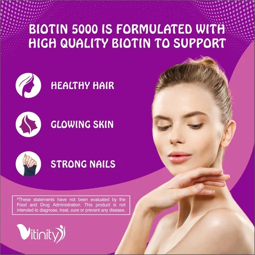 Miniatura 4 de VITINITY Biotin - Suplemento vegetariano extra fuerte de 5000 Mcg (vitamina B) sin azúcar, apoya el cabello y la piel más saludables, para mujeres