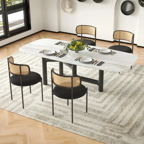 Miniatura 2 de Farini Juego de 4 sillas de comedor tapizadas modernas, sillas de comedor con respaldo de ratán, sillas de cocina decorativas con patas de metal