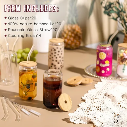 Miniatura 2 de NETANY Paquete de 20 vasos de vidrio con tapas y pajitas de 16 onzas, vasos personalizables para regalo, negocios, juego de vasos para beber, taza